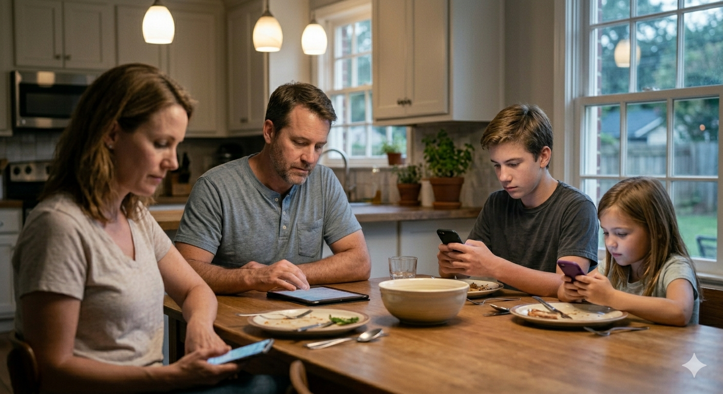 Disconnected moments at the dinner table family sitting at dinner table looking at phones instead of talking to each other
