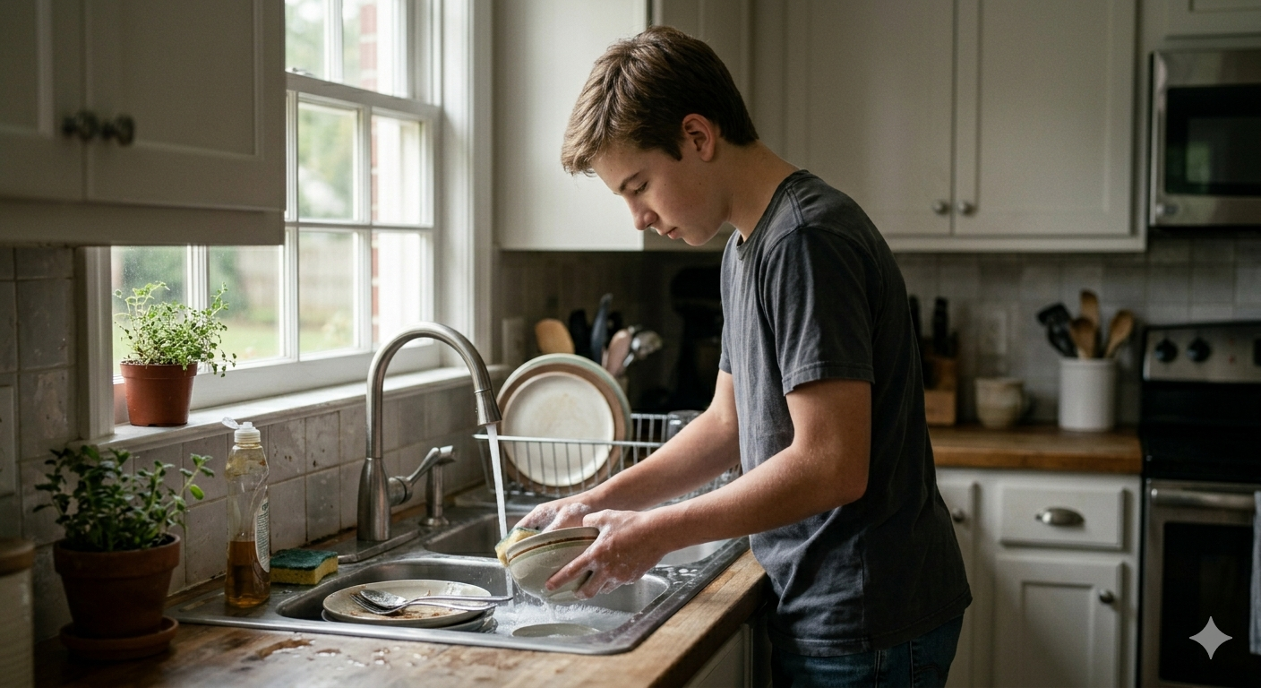 Learning responsibility through everyday tasks teenager washing dishes at home learning responsibility and independence