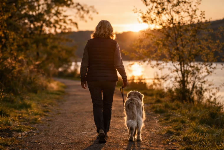 person walking a dog along a peaceful path in soft natural light