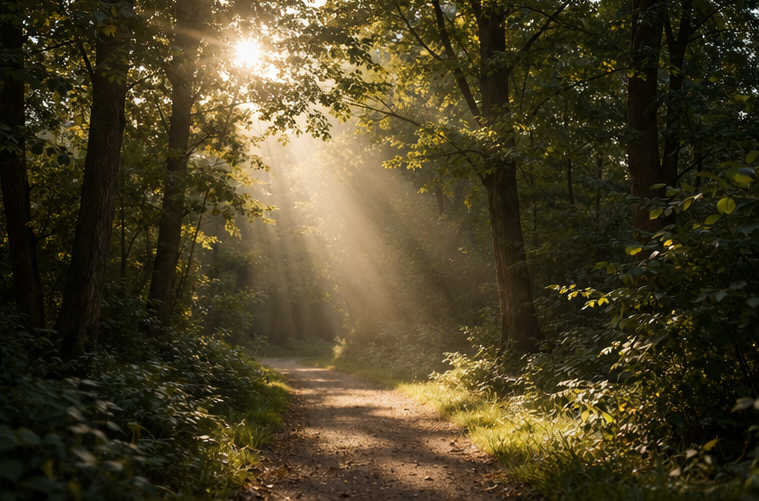 A sense of calm and clarity sunlight filtering through trees along a peaceful forest path creating a calm atmosphere